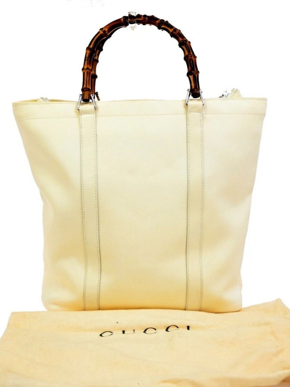 GUCCI Logo Bamboo Tote Handbag Nylon Patent Leather White SHW Italy 66KC967 - Picture 16 of 16